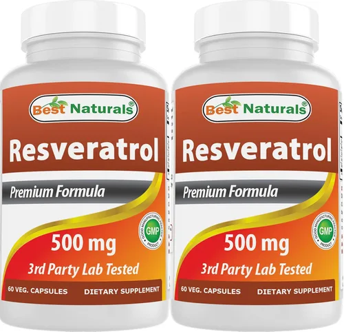 Best Naturals 2 paquetes de complejo de resveratrol 500 mg 60 cápsulas vegetales hechas con piel de uva, vino tinto, quercetina, sin gluten y sin