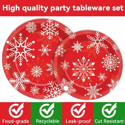 Miniatura 4 de Juego de vajilla de 100 piezas de Feliz Navidad, suministros de fiesta temática de Navidad, sirve para 25 invitados, platos de papel de copos
