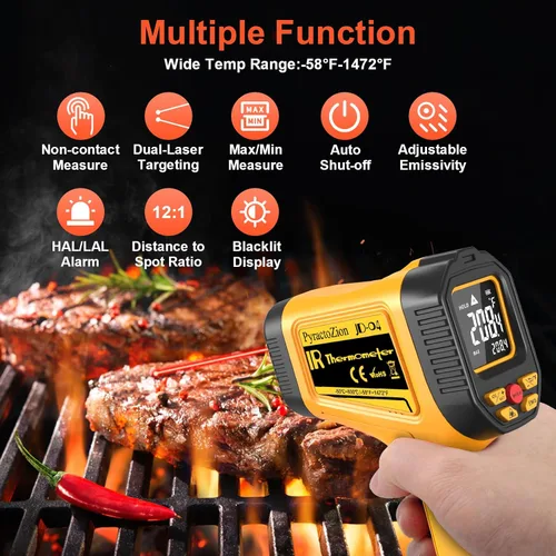 Miniatura 2 de Pistola de termómetro infrarrojo de -58°F a 1472°F con pantalla retroiluminada, pistola de temperatura de termómetro láser con emisividad ajustable