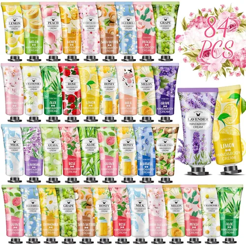 VISCOO Paquete de 84 regalos de crema de manos para mujeres, regalo de agradecimiento al profesor/regalos de graduación, mini loción hidratante para