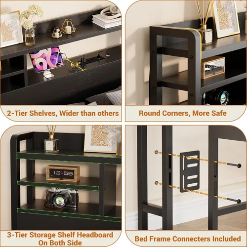 Miniatura 6 de Aheaplus Cabecero para cama de tamaño individual con almacenamiento, cabeceros con luz LED, tomas de corriente, puertos USB, tamaño individual