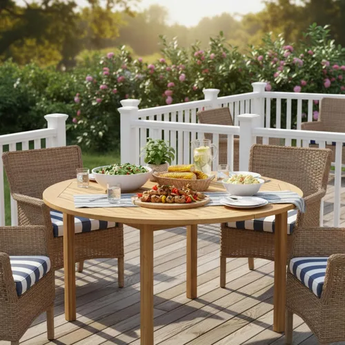 Miniatura 4 de Tangkula Mesa de comedor redonda para exterior, Mesa de madera de acacia para 4 personas de gran tamaño, Mesa de patio estilo granja para bistró