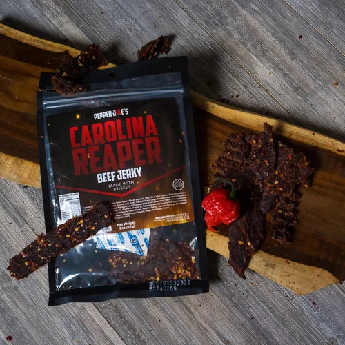 Miniatura 3 de Pepper Joe's Carolina Reaper Beef Jerky – Cecina de res picante peligrosamente deliciosa con pimienta más picante del mundo y cortes de pechuga