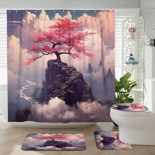 Miniatura 31 de Cortina de ducha japonesa Fuji Mountain de cerezo asiático, cortina de ducha con diseño de anime, decoración de baño, tela de poliéster, 62 x 72 Azul