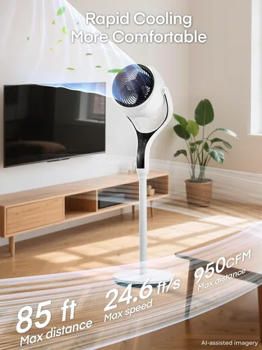 Miniatura 2 de FOHERE Ventilador de suelo, ventilador de pedestal oscilante de 120°, ventilador inteligente silencioso con luz LED, altura ajustable de 27-46