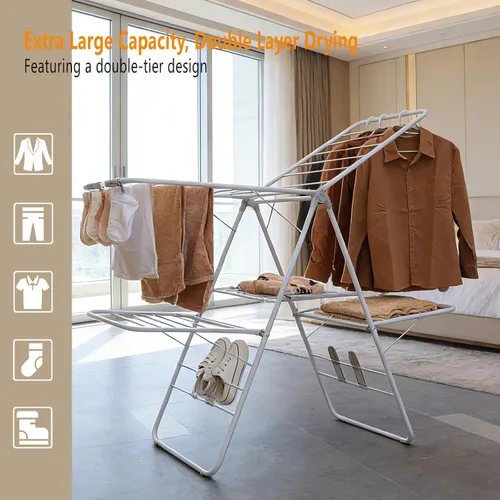 Miniatura 2 de Estante de secado de ropa, estantes plegables de 2 niveles para secar ropa, estante de secado de acero inoxidable plegable para interiores