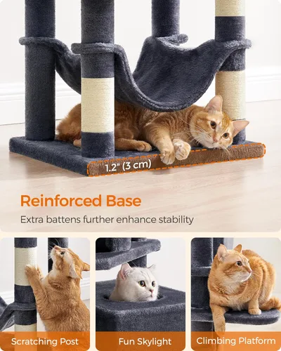 Miniatura 7 de Feandrea - Árbol para gatos de varios niveles para interiores, torre para gatos tipo condominio con 4 postes para rascar, 2 posaderos, hamaca y Gris