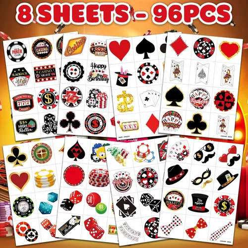 Miniatura 3 de 96 piezas de divertidos tatuajes temporales precortados de casino para niños, decoración de fiesta de cumpleaños, suministros de decoración, lindas