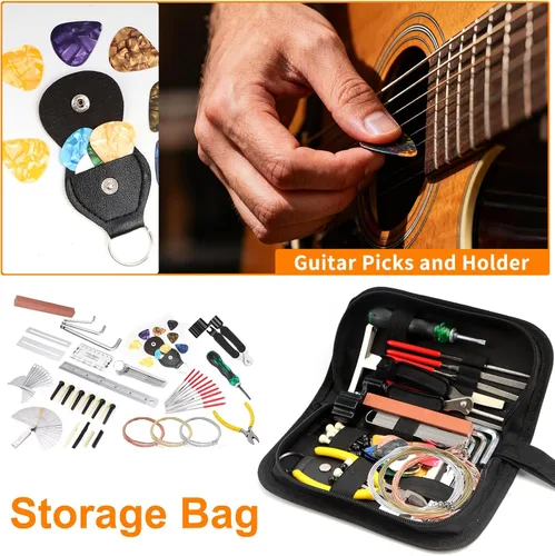 Miniatura 8 de Kit de herramientas de guitarra, kit de reparación de guitarra profesional de 119 piezas, kit de mantenimiento de guitarra con accesorios