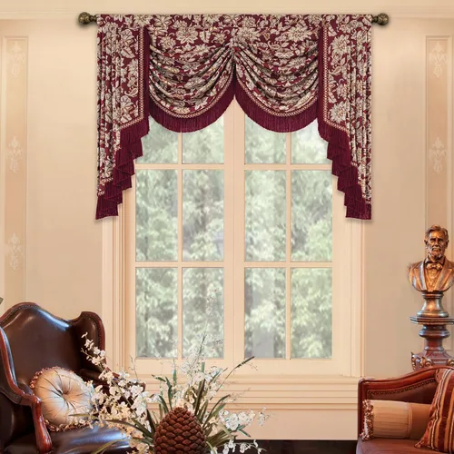 Miniatura 38 de Loom and Mill Cenefa de cascada de lujo de jacquard para sala de estar, elegantes cenefas de ventana con festones y cuentas damascadas, cortinas