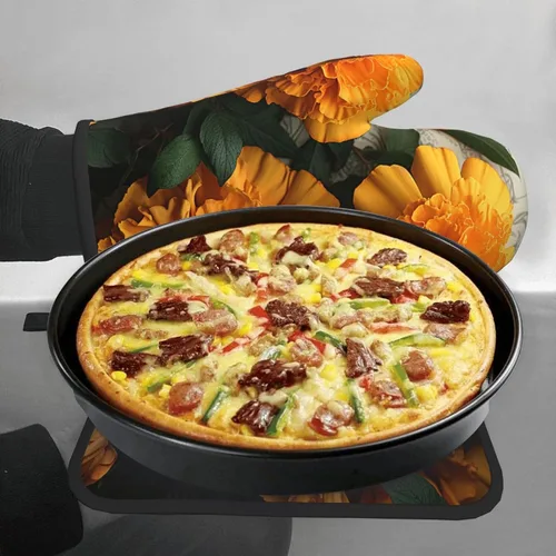 Miniatura 6 de Juego de 2 manoplas de horno y soportes para ollas, resistentes al calor, guantes de horno de cocina, caléndula antideslizantes y agarraderas