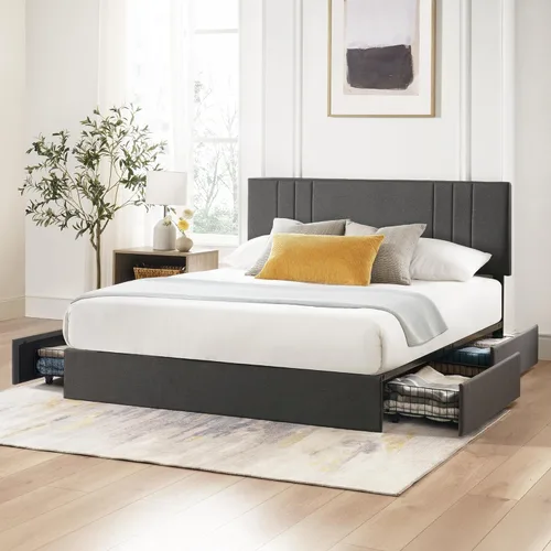 Zinus Billie - Base de cama con plataforma, cuatro cajones de almacenamiento debajo de la cama, cabecera ajustable en altura, estilo tapizado, Gris