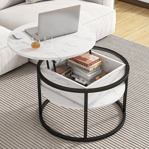 Miniatura 11 de Mesa de centro redonda con almacenamiento, mesa de centro elevable para sala de estar, sala de recepción, mesa redonda pequeña de 2 niveles, centro