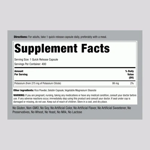 Miniatura 2 de Piping Rock Suplemento de citrato de potasio 275 mg 400 cápsulas Sin OMG, sin gluten