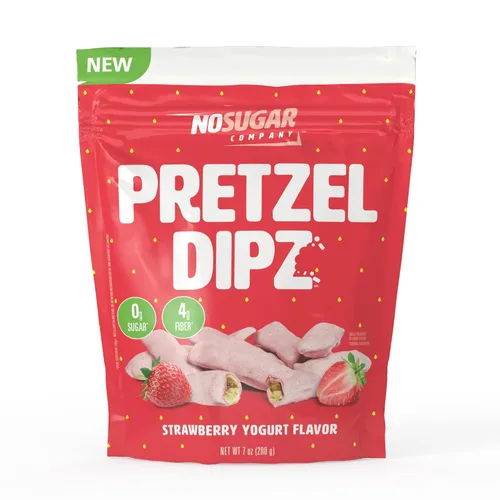 Palitos de pretzel sin azúcar, patatas fritas de pretzel dietético cubiertas de yogur de fresa, dulces, salados, crujientes, perfección crujiente,