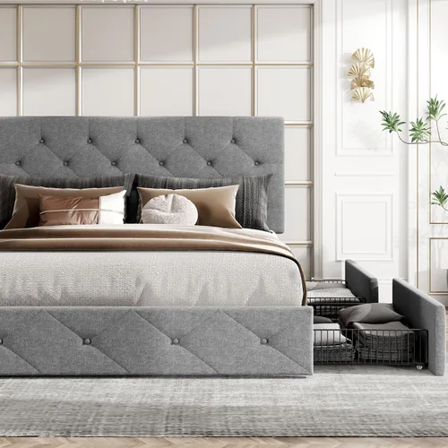Miniatura 3 de HOOMIC Base de cama de almacenamiento de plataforma de tamaño matrimonial con 4 cajones y cabecera ajustable, listones de madera, no necesita Gris