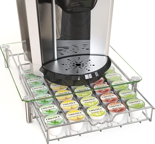 Deco Brothers - Cajón de almacenamiento de cápsulas de café K-Cup de vidrio templado de cristal para 30 cápsulas, cromado Cromo con tapa de cristal