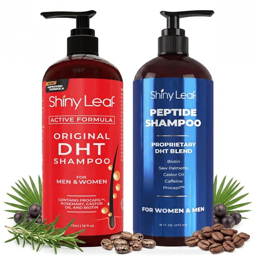 Shiny Leaf Paquete de champú para el crecimiento del cabello, juego de champú bloqueador y péptido DHT, champús antiadelgazamiento con biotina,