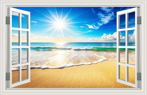 Miniatura 17 de Calcomanía de pared falsa para ventana, atardecer de verano, paisaje marino, océano, playa, póster de ventana falsa para decoración de pared