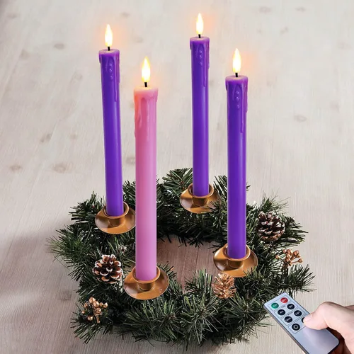 Miniatura 8 de Juego de 4 Luces de Velas LED de Navidad, Velas Cónicas que Funcionan con Batería para Corona de Adviento, 3 Moradas 1 Rosa Velas de Cera Sin Llama