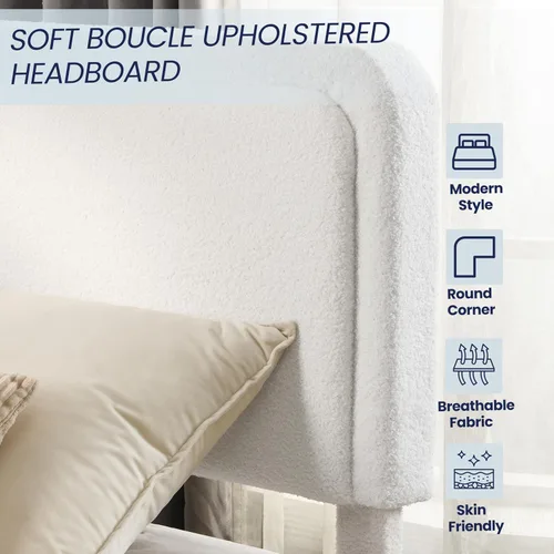 Miniatura 5 de Flolinda Base de cama tapizada de tamaño Queen con cabecera ajustable, plataforma moderna con listones de madera de tela Boucle, perfil bajo,
