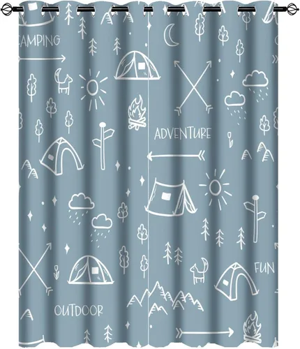 Miniatura 14 de Cortinas abstractas con estampado de cámper de caricaturas, divertido tema de aventura, campamento, montañas, vida silvestre, oso, tratamiento