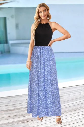 Miniatura 3 de KILIG - Vestido largo con corte y bolsillos, hawaiano, para la playa, para primavera, con cuello halter, floral, informal, largo hasta el tobillo