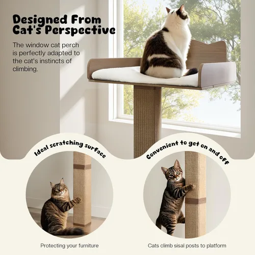 Miniatura 2 de Percha para ventana de gato con poste rascador de sisal grueso, hamaca para gatos para ventana con 3 ventosas mejoradas, poste rascador para gatos