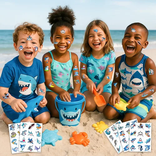 Miniatura 4 de 60 tatuajes temporales de tiburón para niños, calcomanías de tatuaje falsas precortadas para niños y niñas, temática de océano bajo el mar