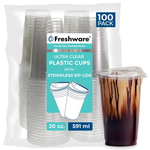 Miniatura 9 de Freshware Vasos de plástico transparente con tapas para sorbos sin popote [100 tazas – 12 onzas] Vaso desechable para café helado, batido, bebidas
