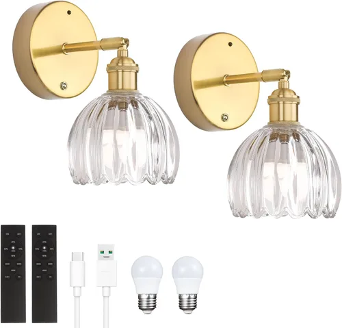 Miniatura 32 de Shenmoyl Aplique de Pared Vintage Operado por Batería con Linda Campana de Vidrio Tulipán Verde, Recargable Inalámbrica, Luz de Pared con Control