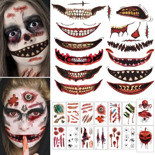 Maquillaje de broma de Halloween, tatuaje temporal, 26 piezas de tatuajes temporales de Halloween para adultos, tatuajes de boca de Halloween,