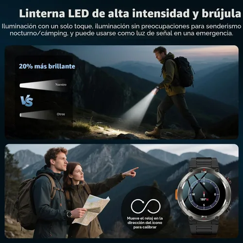 Miniatura 4 de IOWODO Reloj inteligente militar para hombre, batería de 100 días de duración, rastreador de actividad física con linterna LED / brújula, monitor