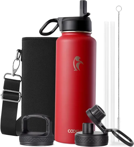 Miniatura 12 de Coolflask Botella de agua de 20 onzas aislada con pajilla, 3 tapas de metal de acero inoxidable, botella de agua de boca ancha para deportes u