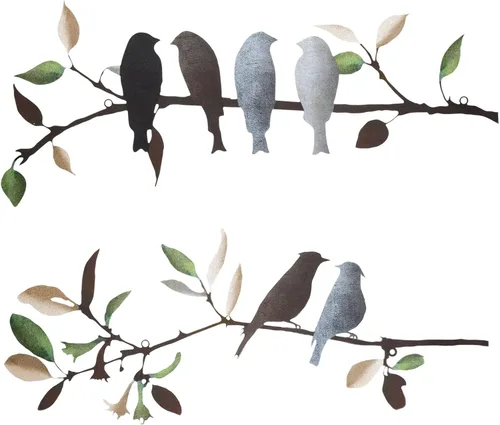 Miniatura 8 de Demissle 2 piezas de arte de pared de pájaros de metal, pájaros vivos en rama con hojas, decoración de pared rústica, impermeable, escultura