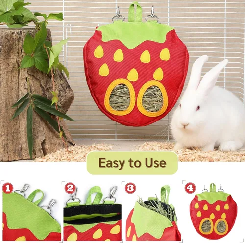 Miniatura 5 de JanYoo Bolsa alimentadora de heno de conejo para jaula de conejillos de indias, dispensador de heno Timothy, organizador de almacenamiento, grande
