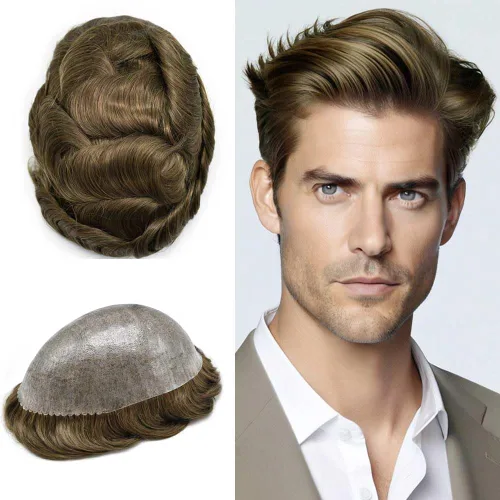 Miniatura 57 de Toupee para hombres Sistema de reemplazo de cabello humano real para hombres Completo PU Mens Hairpiece de aspecto natural para hombre piezas