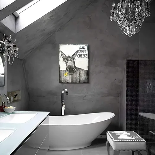 Miniatura 5 de citari Arte de pared de baño de granja, póster de burro divertido para pared, lienzo rústico impreso en blanco y negro, decoración de pared