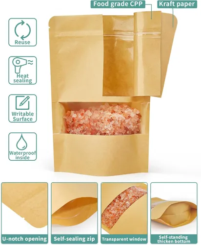 Miniatura 3 de FireKylin 100 bolsas de papel marrón con ventana, bolsas de pie de 3.5 x 5.5 pulgadas, bolsas de almacenamiento de alimentos con cremallera