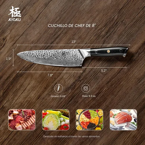 Miniatura 6 de Cuchillo de chef KYOKU - 8" - Cuchillo de cocina estilo japonés de la serie Shogun, hoja de Damasco martillada con núcleo de acero VG10 - con funda