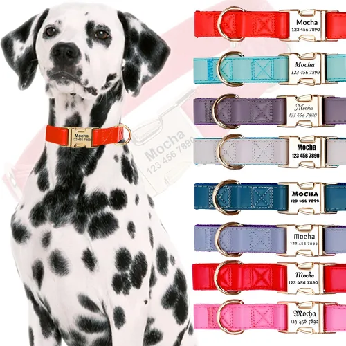 Miniatura 9 de Custom Large Dog Collar Solid Color Personalized Pet Collar Leather & Nylon Puppy Dogs ID Collars Engraved Name for Small Medium Large Dog