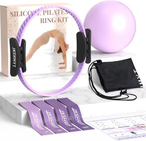 JKSHMYT Pilates Ring Kit for Women, Pilates Equipment – 14.5" Home Magic Circle Workout with Pilates Ball,Resistance Bands,Better me Pilates Púrpura