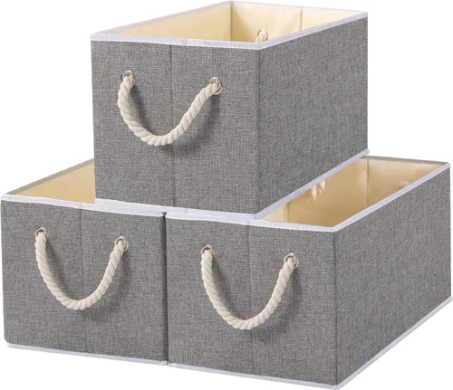 Miniatura 9 de Yawinhe Paquete de 3 cubos plegables de almacenamiento de tela, cubos plegables con asa de cuerda, organizadores grandes de armario para estantes