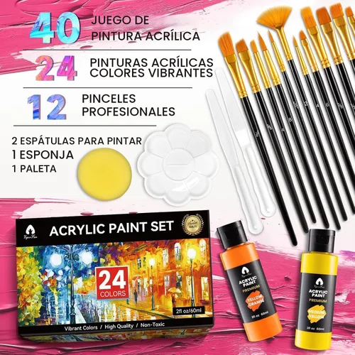 Miniatura 2 de Juego de 40 piezas de pintura acrílica - 24 colores (2 onzas/60ml) con 12 pinceles, 2 cuchillos y paleta - Pigmentos ricos para adultos, artistas