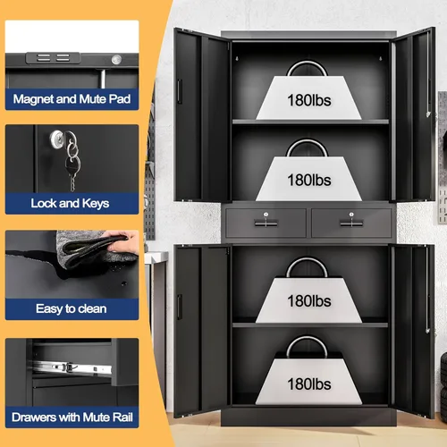 Miniatura 4 de Wanfu Gabinete de almacenamiento de metal, gabinete de almacenamiento con bloqueo de 71 pulgadas con estantes ajustables y 2 cajones, gabinetes
