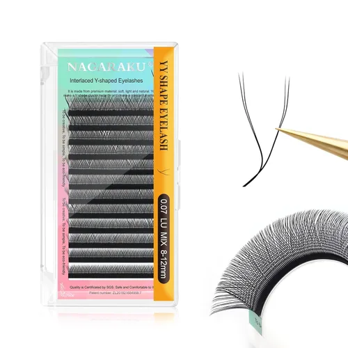 Miniatura 50 de Suministros de extensiones de pestañas NAGARAKU yy, pestañas falsas 0.05mm rizado D, bandeja mixta 8-12mm, prefabricadas 4D, abanico fácil, volumen