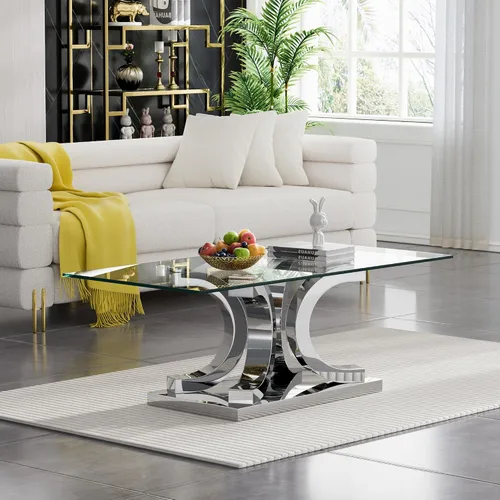 Miniatura 47 de SSLine Mesa auxiliar de cristal de lujo para sala de estar, mesa auxiliar moderna dorada con base de pedestal de acero inoxidable en forma de flor