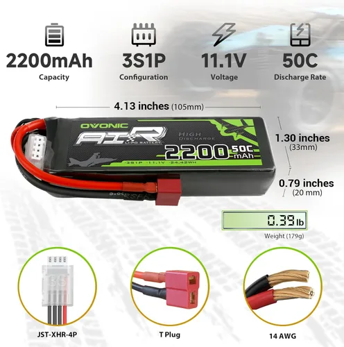 Miniatura 2 de OVONIC 3S Lipo Batería 50C 2200mAh 11.1V Lipo Batería con Dean-Style T Conector para RC Avión Quadcopter Helicóptero FPV Drone