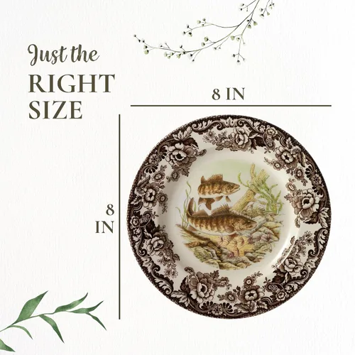 Miniatura 7 de Spode Woodland - Plato de ensalada de porcelana fina, diseño de lucioperca con borde floral marrón, vajilla clásica de campo inglés para cenas