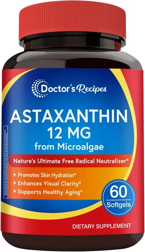 Doctor's Recipes Astaxantina 12 mg, de microalgas frescas de primera calidad, máxima fuerza, sin gluten, sin OMG, apoya la salud de la piel, los